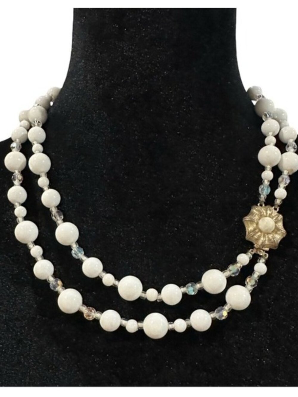 Vintage Double Strand Necklace White AB Beaded Spacers Gold Tone Clasp